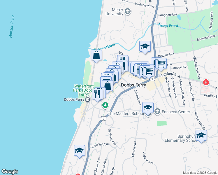 map of restaurants, bars, coffee shops, grocery stores, and more near 75 Main Street in Dobbs Ferry