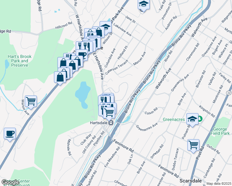 map of restaurants, bars, coffee shops, grocery stores, and more near Rockledge Road in Hartsdale