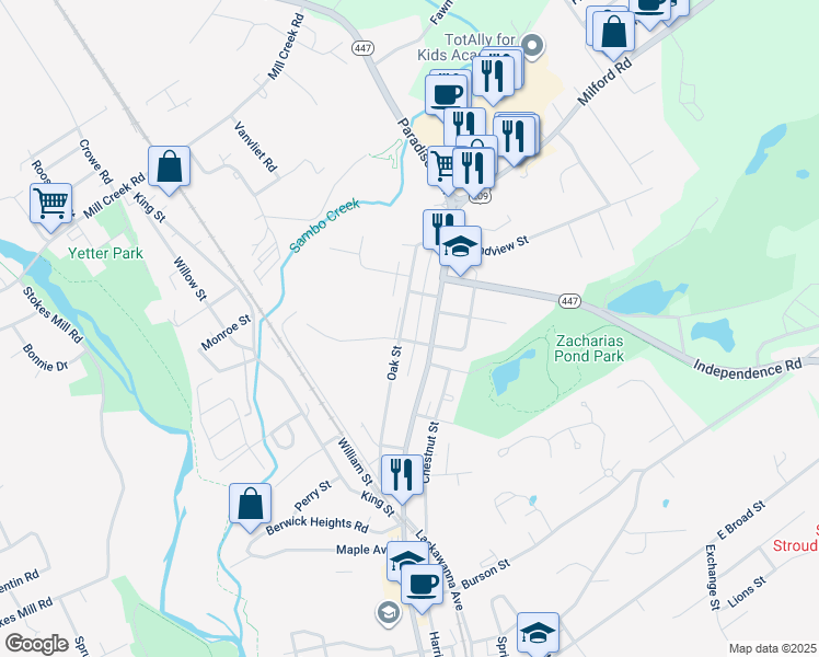 map of restaurants, bars, coffee shops, grocery stores, and more near 514 Oak Street in East Stroudsburg