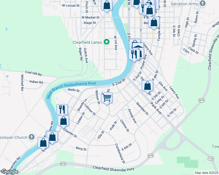 map of restaurants, bars, coffee shops, grocery stores, and more near 538 South 2nd Street in Clearfield