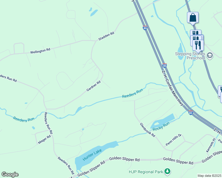 map of restaurants, bars, coffee shops, grocery stores, and more near 1598 Gardner Road in Stroudsburg