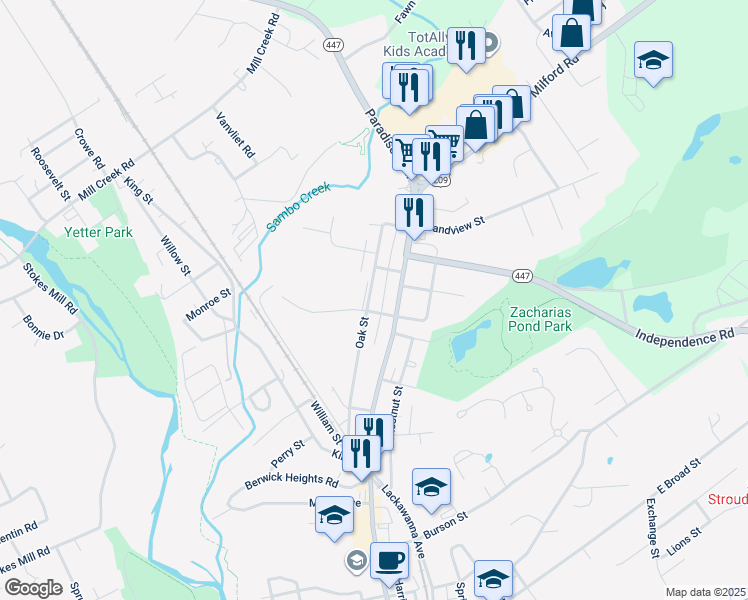 map of restaurants, bars, coffee shops, grocery stores, and more near 514 Oak Street in East Stroudsburg