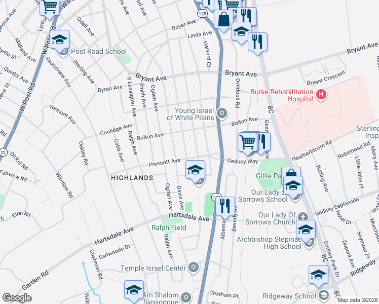 map of restaurants, bars, coffee shops, grocery stores, and more near 174 Longview Avenue in White Plains