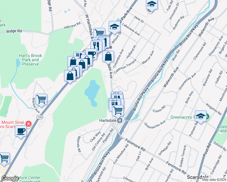 map of restaurants, bars, coffee shops, grocery stores, and more near 120 East Hartsdale Avenue in Hartsdale