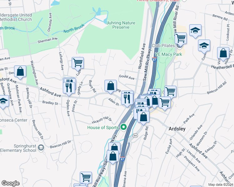 map of restaurants, bars, coffee shops, grocery stores, and more near 349 Ashford Avenue in Dobbs Ferry