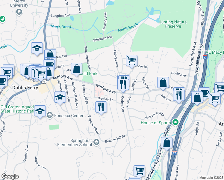 map of restaurants, bars, coffee shops, grocery stores, and more near 72 Virginia Avenue in Dobbs Ferry