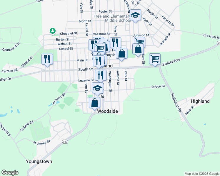 map of restaurants, bars, coffee shops, grocery stores, and more near 322-324 Adams St in Freeland