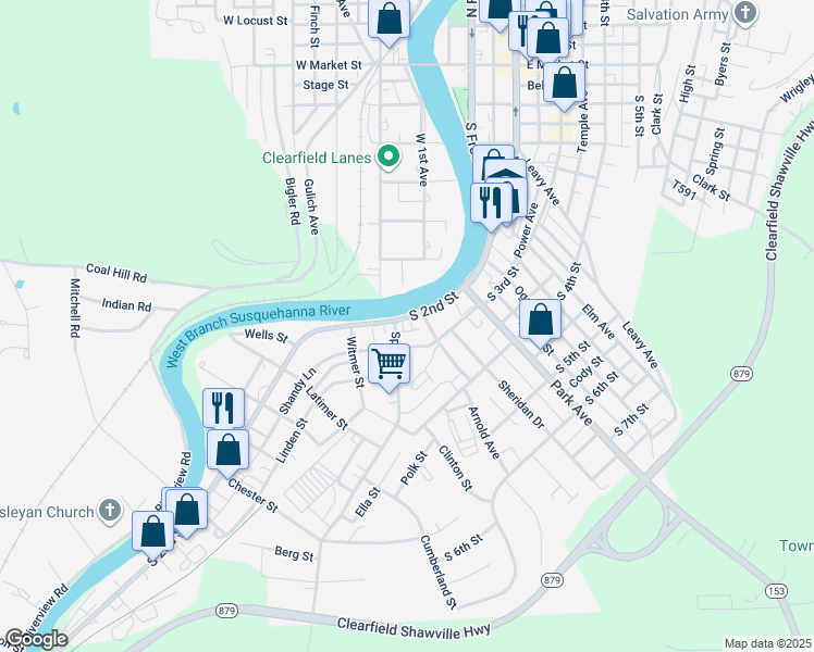 map of restaurants, bars, coffee shops, grocery stores, and more near 538 S 2nd St in Clearfield
