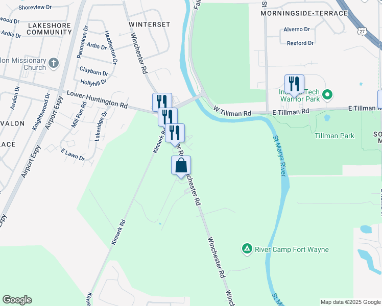 map of restaurants, bars, coffee shops, grocery stores, and more near 7515 Winchester Road in Fort Wayne