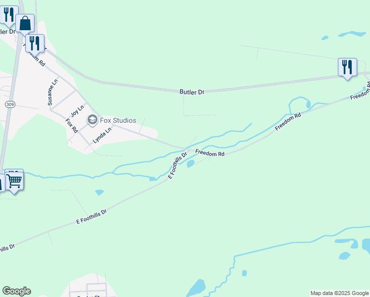 map of restaurants, bars, coffee shops, grocery stores, and more near Freedom Road in Drums