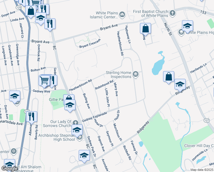 map of restaurants, bars, coffee shops, grocery stores, and more near 2 Little John Place in White Plains