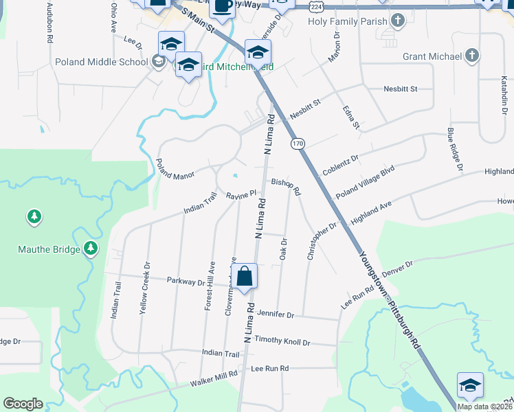 map of restaurants, bars, coffee shops, grocery stores, and more near 7120 North Lima Road in Youngstown