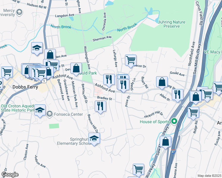 map of restaurants, bars, coffee shops, grocery stores, and more near 72 Virginia Avenue in Dobbs Ferry