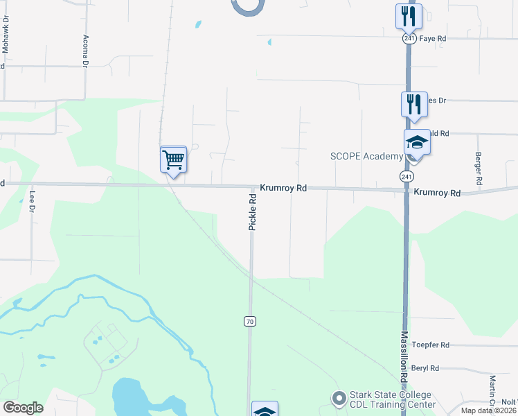 map of restaurants, bars, coffee shops, grocery stores, and more near 1829 Pickle Road in Akron