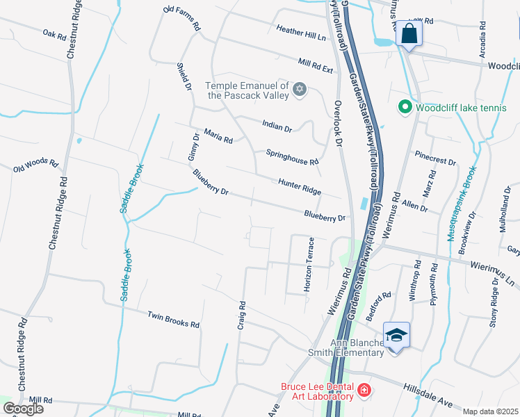 map of restaurants, bars, coffee shops, grocery stores, and more near 63 Blueberry Drive in Woodcliff Lake