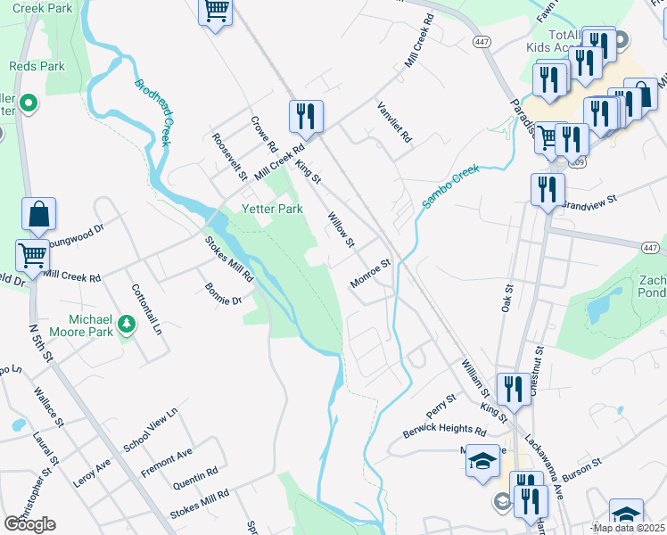 map of restaurants, bars, coffee shops, grocery stores, and more near 399 Race Street in East Stroudsburg