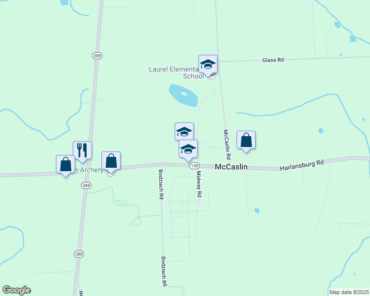 map of restaurants, bars, coffee shops, grocery stores, and more near 2497 Harlansburg Road in New Castle