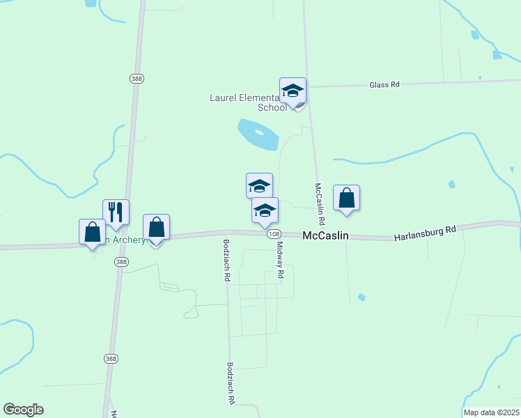 map of restaurants, bars, coffee shops, grocery stores, and more near 2497 Harlansburg Road in New Castle