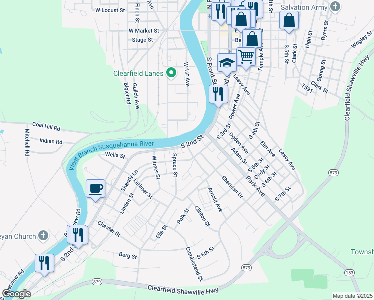 map of restaurants, bars, coffee shops, grocery stores, and more near 538 S 2nd St in Clearfield