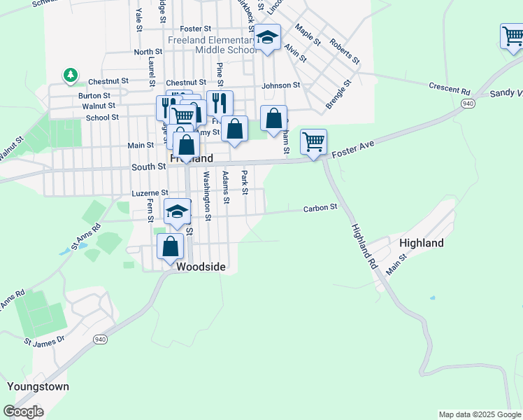 map of restaurants, bars, coffee shops, grocery stores, and more near 421 Carbon Street in Freeland
