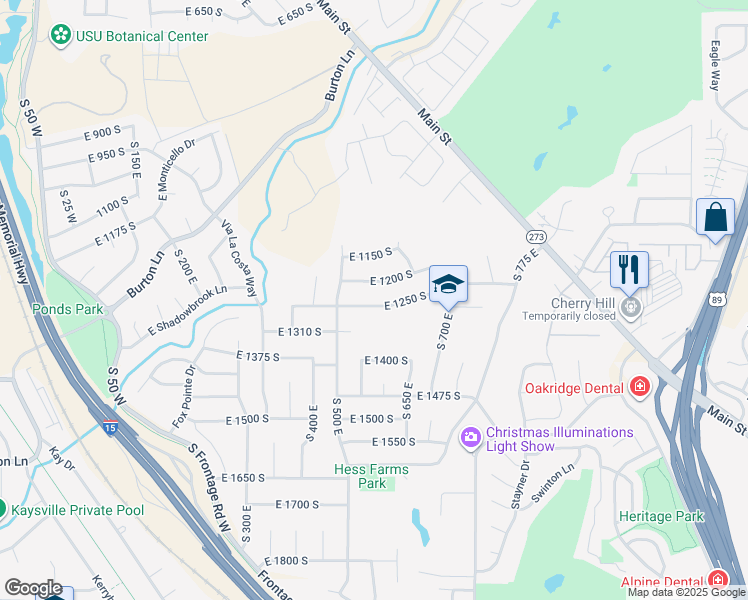map of restaurants, bars, coffee shops, grocery stores, and more near 571 East 1250 South in Kaysville