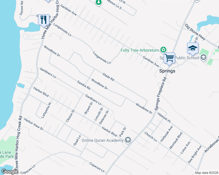 map of restaurants, bars, coffee shops, grocery stores, and more near 125 Woodbine Drive in East Hampton