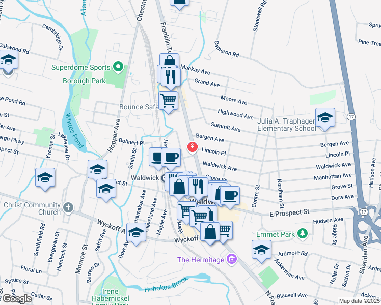 map of restaurants, bars, coffee shops, grocery stores, and more near 92 Franklin Turnpike in Waldwick