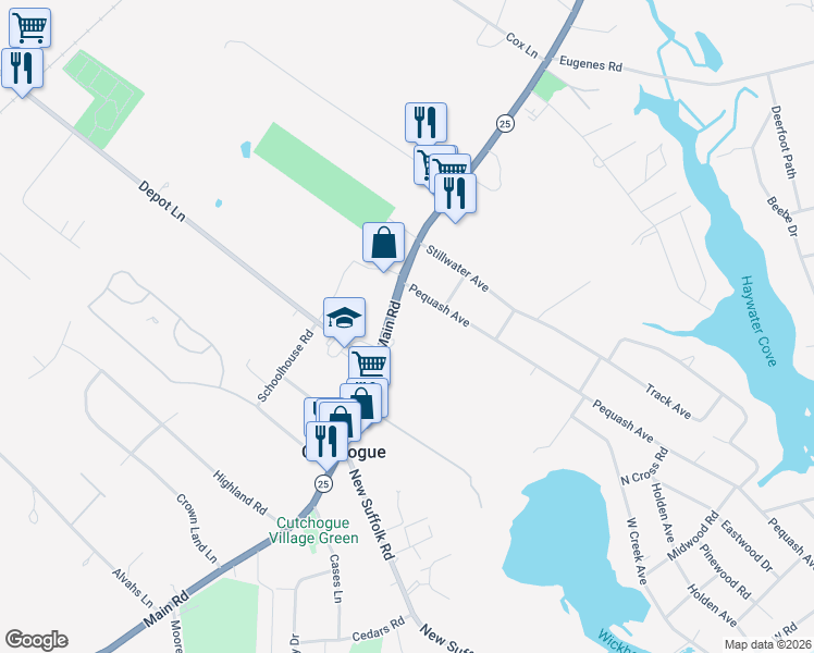 map of restaurants, bars, coffee shops, grocery stores, and more near 29500 Main Road in Cutchogue