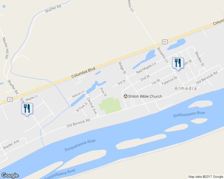 map of restaurants, bars, coffee shops, grocery stores, and more near 3312 3rd Street in Bloomsburg