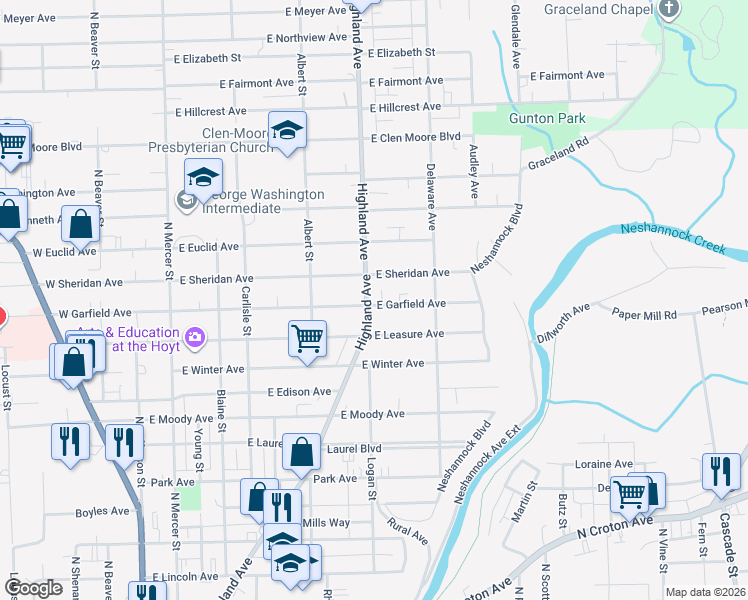 map of restaurants, bars, coffee shops, grocery stores, and more near 409 East Garfield Avenue in New Castle