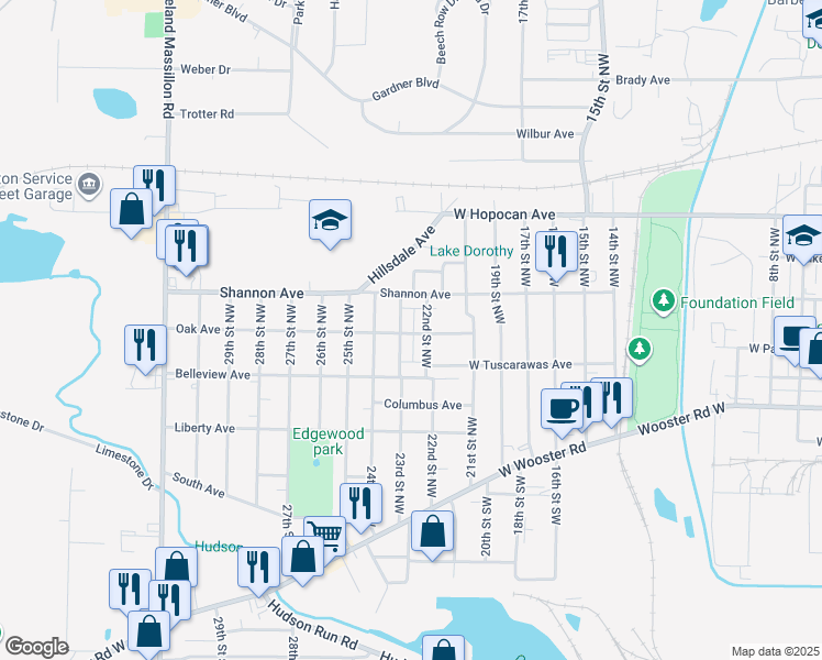 map of restaurants, bars, coffee shops, grocery stores, and more near 1105 Oak Avenue in Barberton