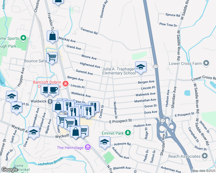 map of restaurants, bars, coffee shops, grocery stores, and more near 68 Bergen Avenue in Waldwick