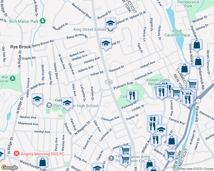 map of restaurants, bars, coffee shops, grocery stores, and more near 535 King Street in Port Chester