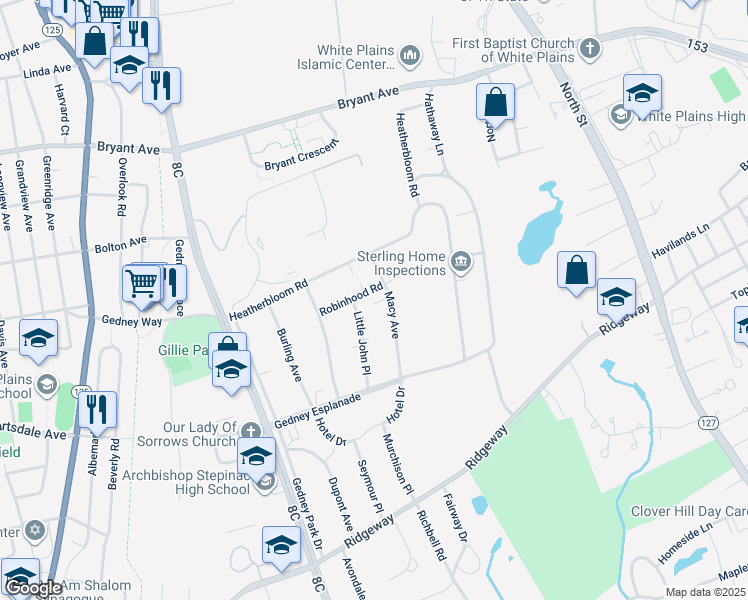 map of restaurants, bars, coffee shops, grocery stores, and more near 2 Little John Place in White Plains