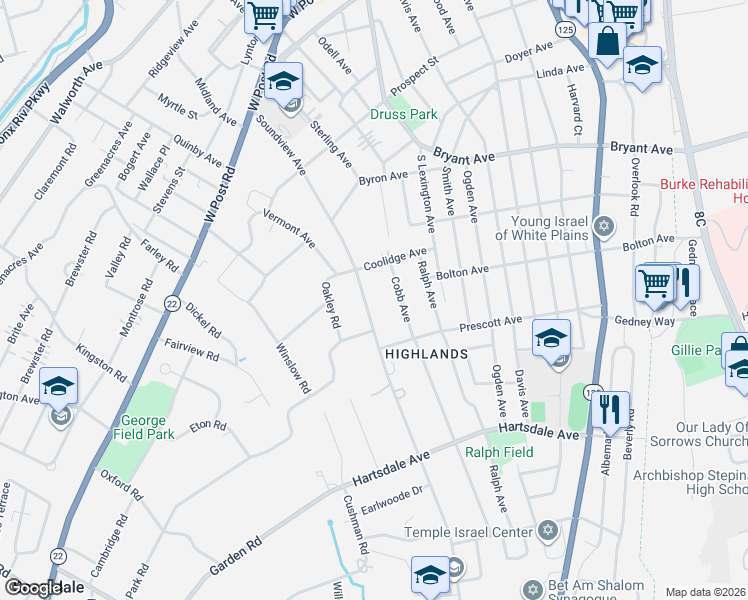 map of restaurants, bars, coffee shops, grocery stores, and more near 14 Cobb Avenue in White Plains