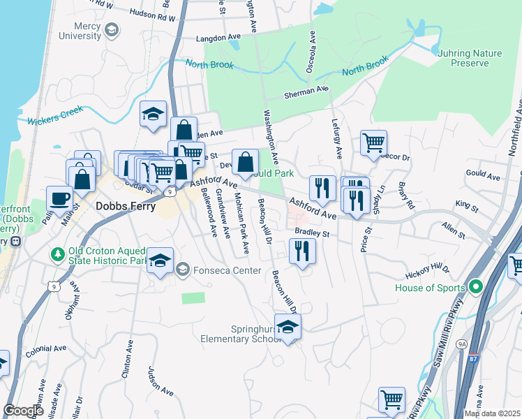 map of restaurants, bars, coffee shops, grocery stores, and more near 24 Beacon Hill Drive in Dobbs Ferry