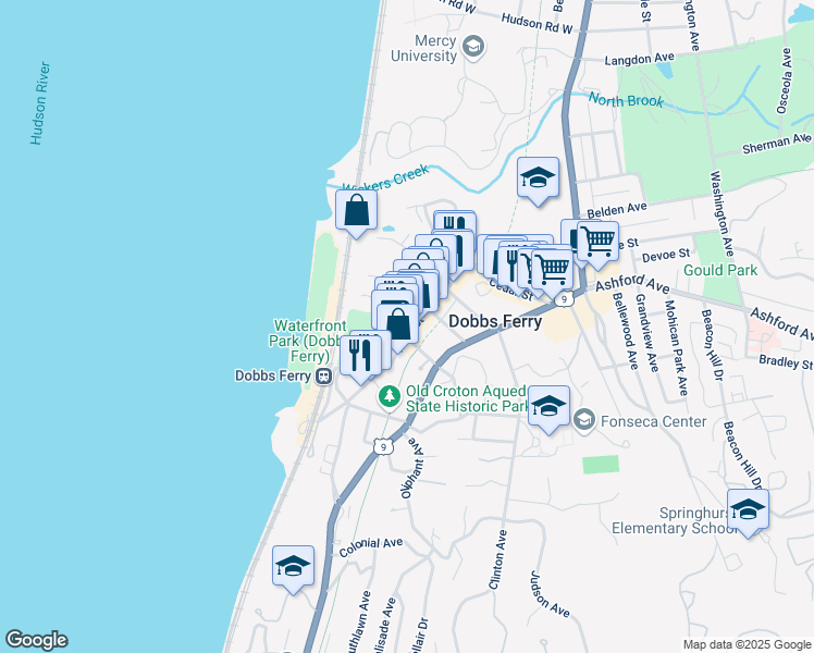 map of restaurants, bars, coffee shops, grocery stores, and more near 75 Main Street in Dobbs Ferry
