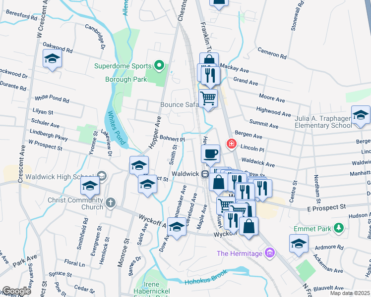 map of restaurants, bars, coffee shops, grocery stores, and more near 31 Smith Street in Waldwick