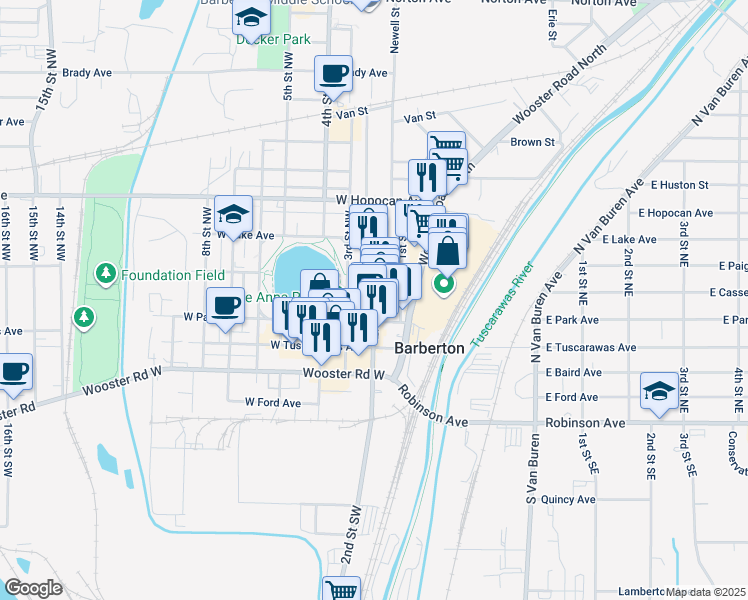 map of restaurants, bars, coffee shops, grocery stores, and more near 146 2nd Street Northwest in Barberton