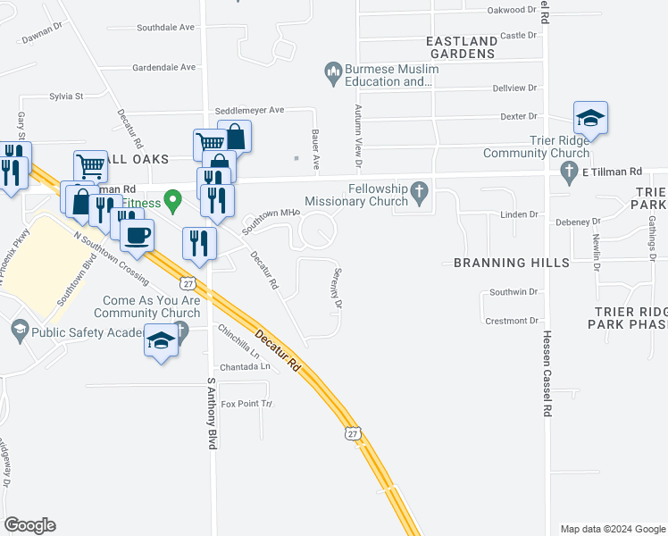map of restaurants, bars, coffee shops, grocery stores, and more near 7011 Serenity Drive in Fort Wayne