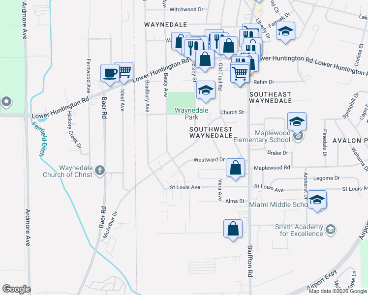 map of restaurants, bars, coffee shops, grocery stores, and more near 2808 McArthur Drive in Fort Wayne