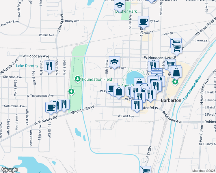 map of restaurants, bars, coffee shops, grocery stores, and more near 139 8th Street Northwest in Barberton