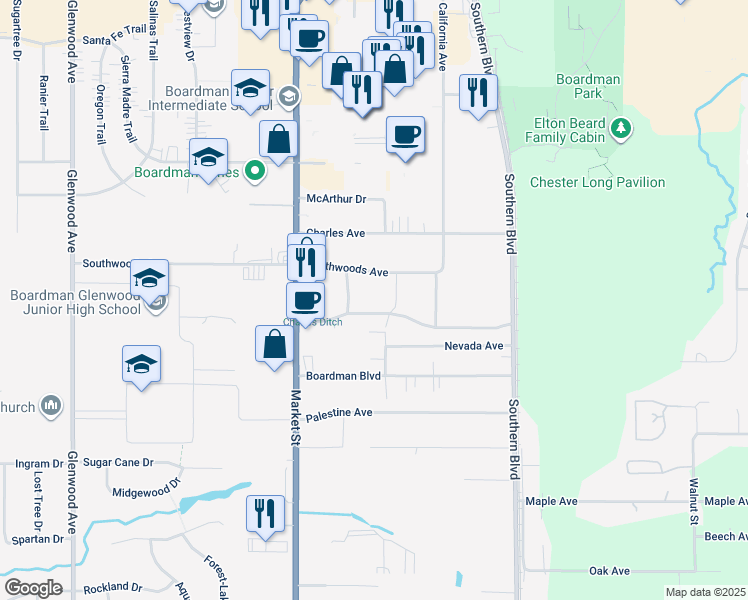 map of restaurants, bars, coffee shops, grocery stores, and more near 100 Debartolo Place in Youngstown
