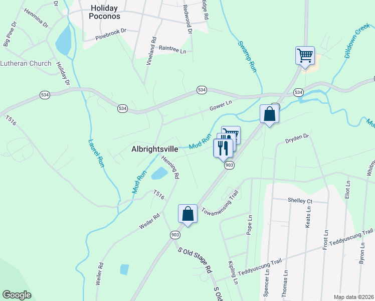 map of restaurants, bars, coffee shops, grocery stores, and more near 20 West Mud Run Road in Albrightsville