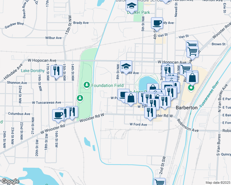 map of restaurants, bars, coffee shops, grocery stores, and more near 140 8th Street Northwest in Barberton