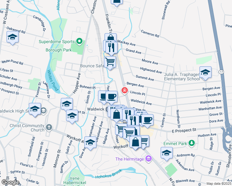 map of restaurants, bars, coffee shops, grocery stores, and more near 64 Harrison Avenue in Waldwick