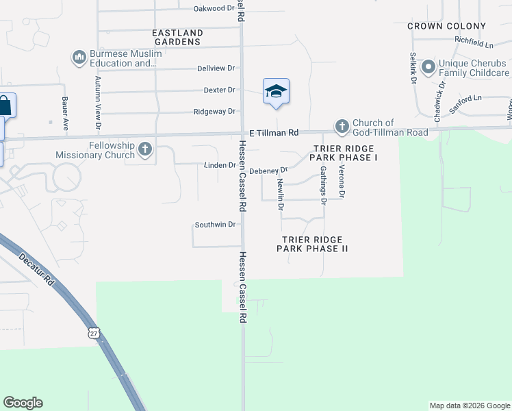 map of restaurants, bars, coffee shops, grocery stores, and more near 3302 Montagne Drive in Fort Wayne