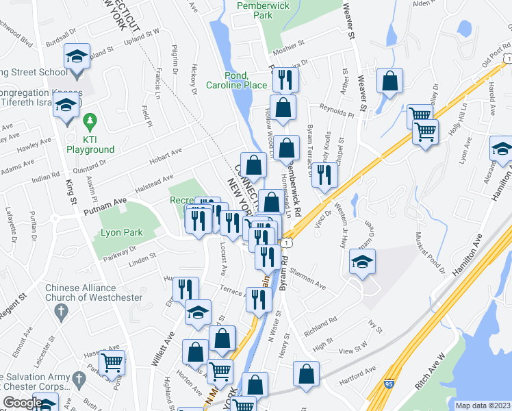 map of restaurants, bars, coffee shops, grocery stores, and more near 51 Riverdale Avenue in Greenwich