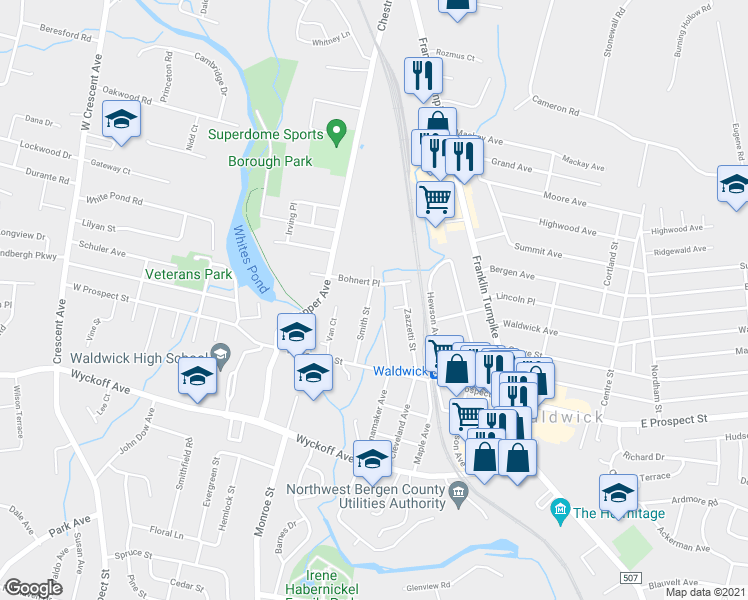 map of restaurants, bars, coffee shops, grocery stores, and more near 31 Smith Street in Waldwick