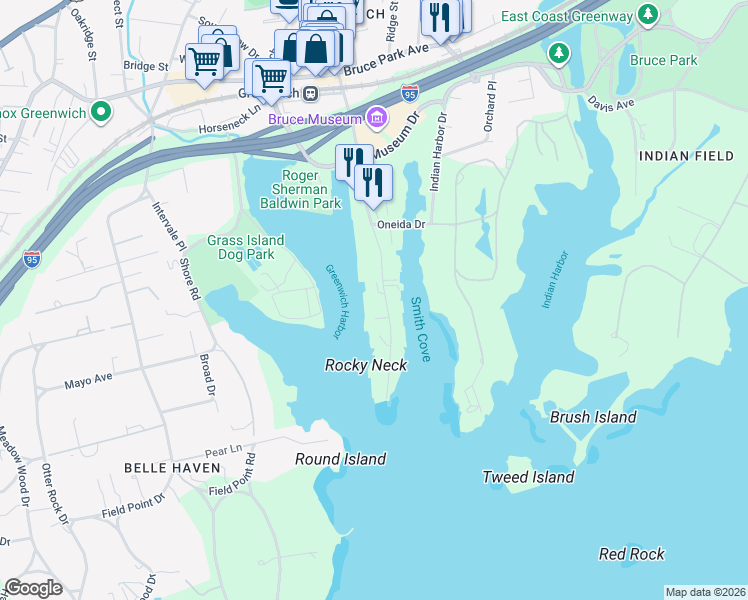 map of restaurants, bars, coffee shops, grocery stores, and more near 630 Steamboat Road in Greenwich